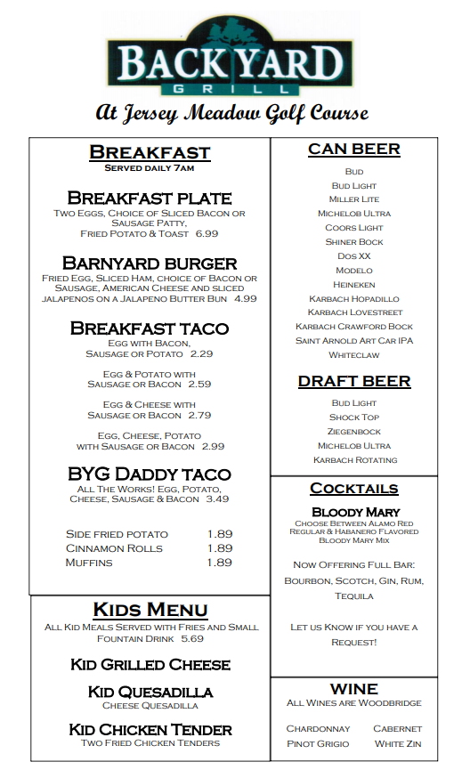 Backyard Grill Menu Jersey Meadow Golf Course